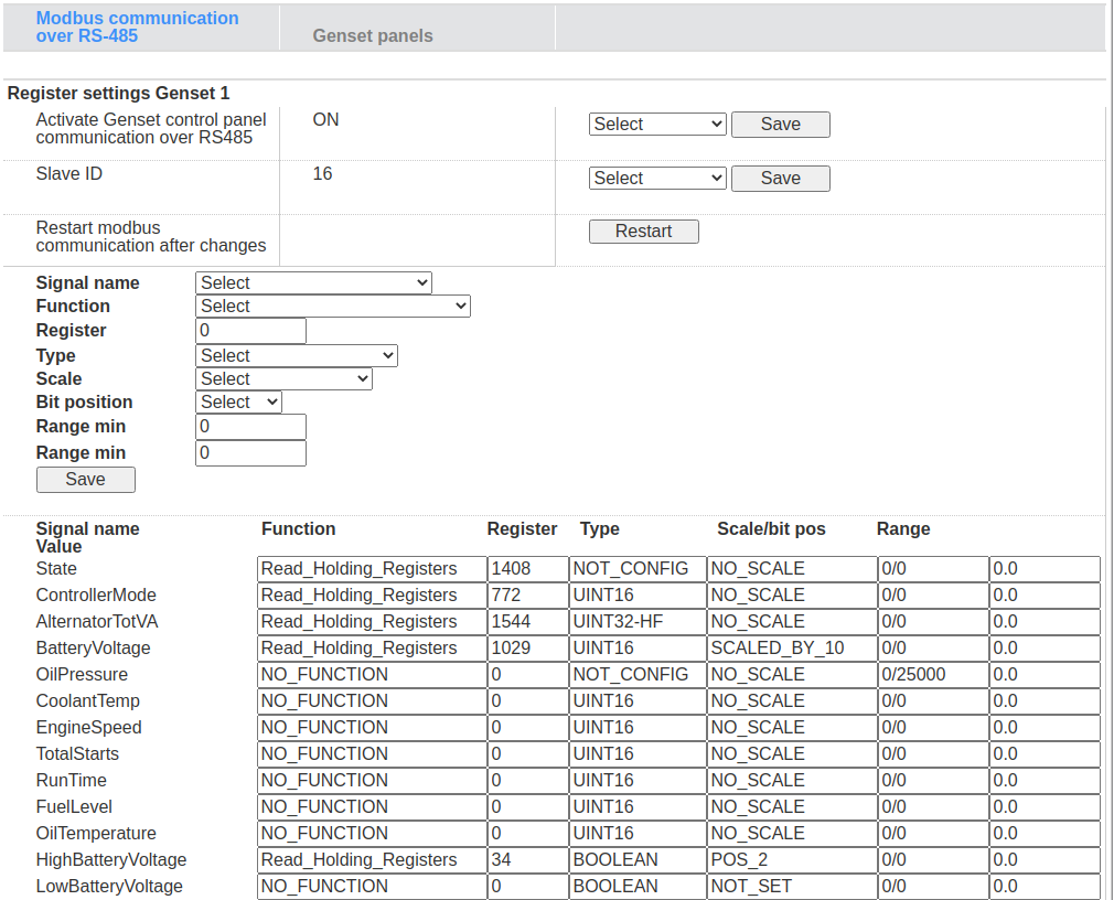 Figure A.2. eSite Web Modbus configurations for genset AMF panel. 